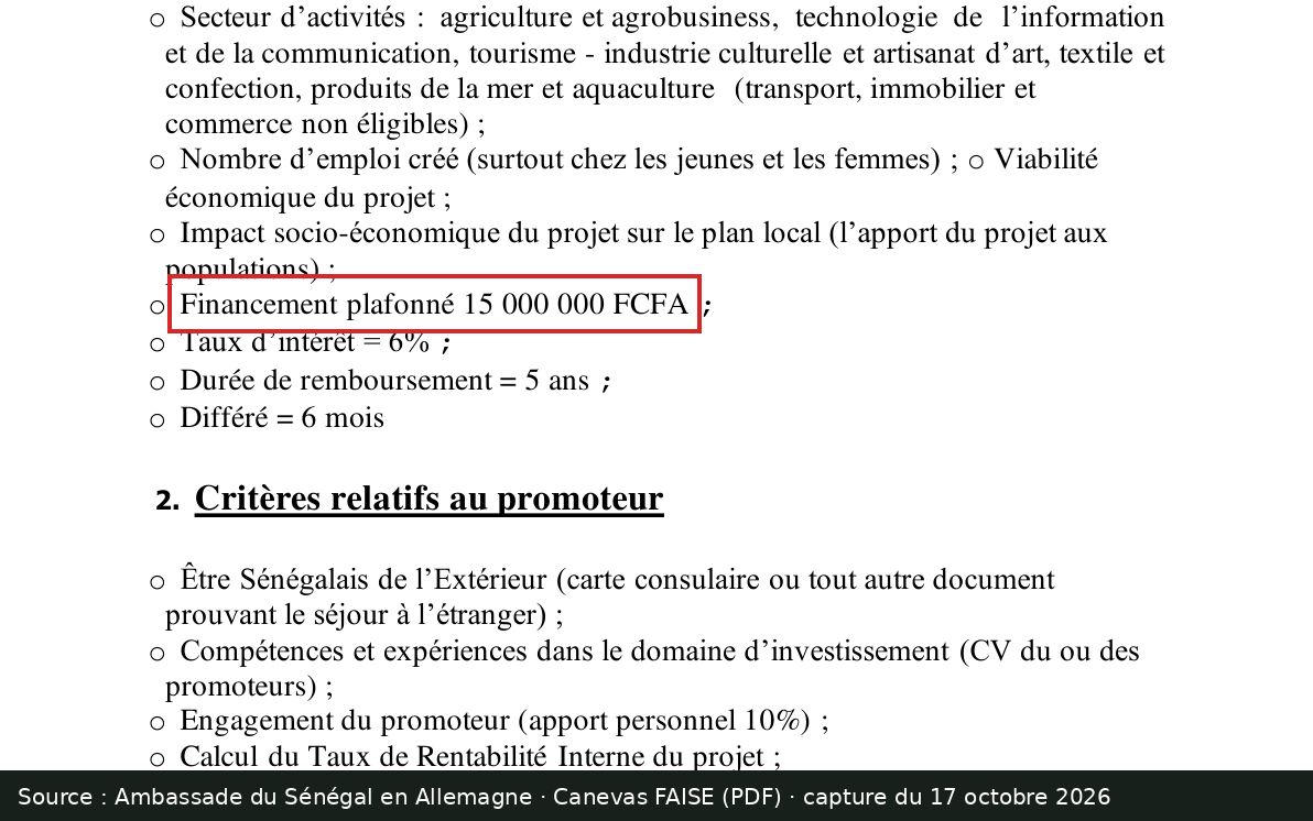Capture d’écran de la fiche d’éligibilité FAISE (PDF, ambassade du Sénégal en Allemagne) : passage encadré « Financement plafonné 15 000 000 FCFA »