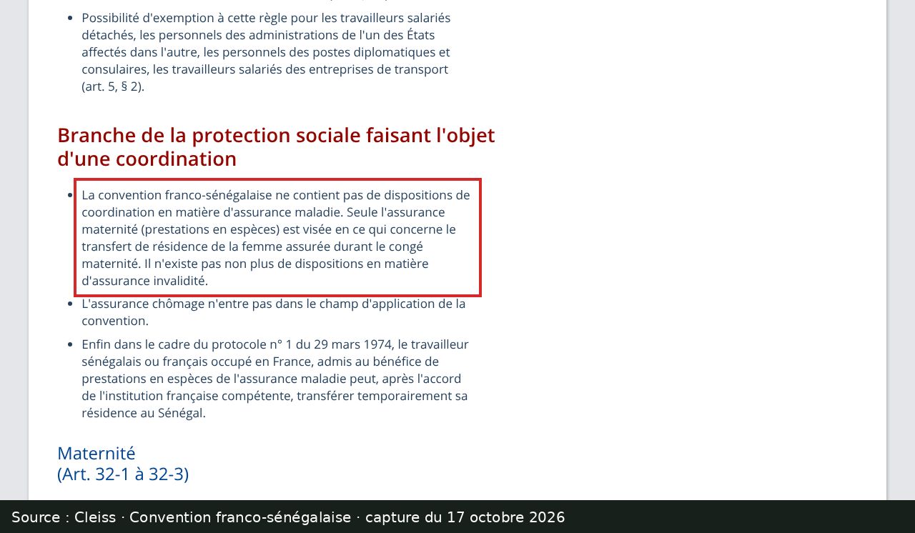Capture d’écran de la fiche du Cleiss sur la convention franco-sénégalaise : passage encadré « La convention franco-sénégalaise ne contient pas de dispositions de coordination en matière d'assurance maladie. »