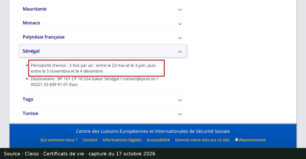 Capture d’écran de la page du Cleiss sur les certificats de vie (rubrique Sénégal) : passage encadré « Périodicité d'envoi : 2 fois par an : entre le 23 mai et le 3 juin, puis entre le 5 novembre et le 4 décembre »
