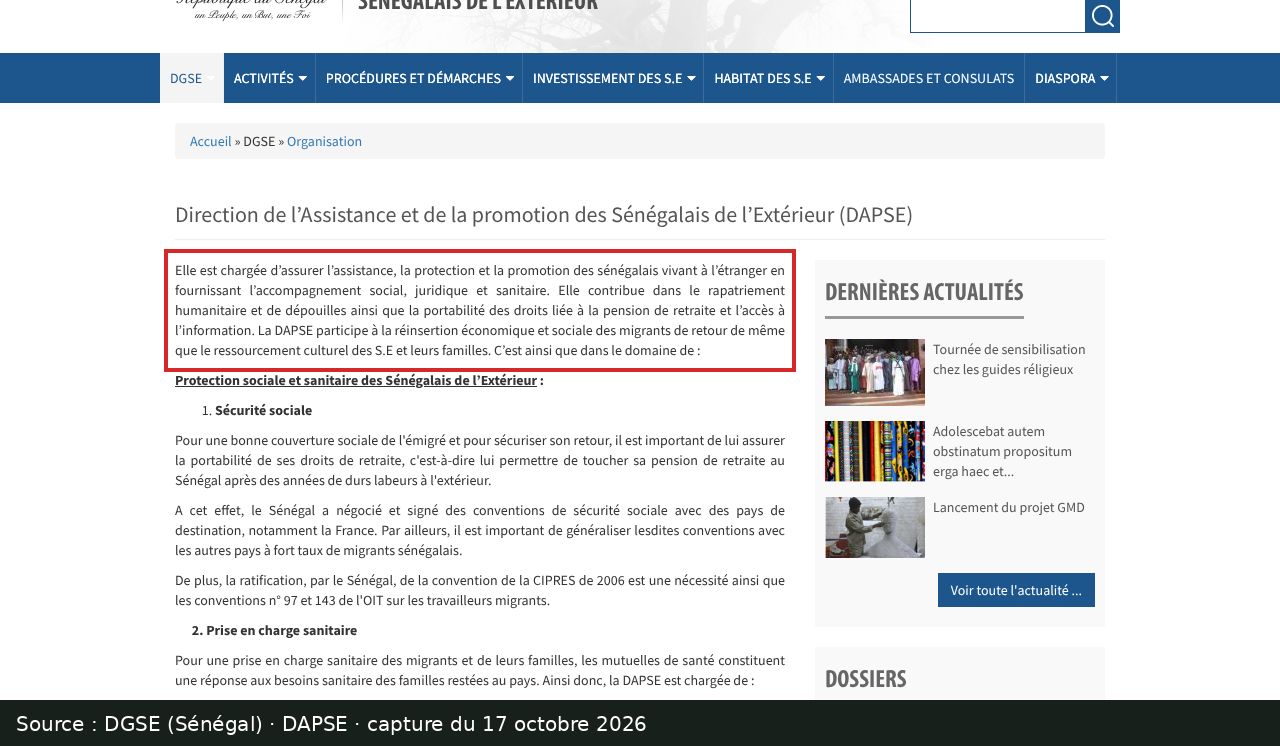 Capture d’écran de la page DAPSE du site de la DGSE : passage encadré « La DAPSE participe à la réinsertion économique et sociale des migrants de retour »