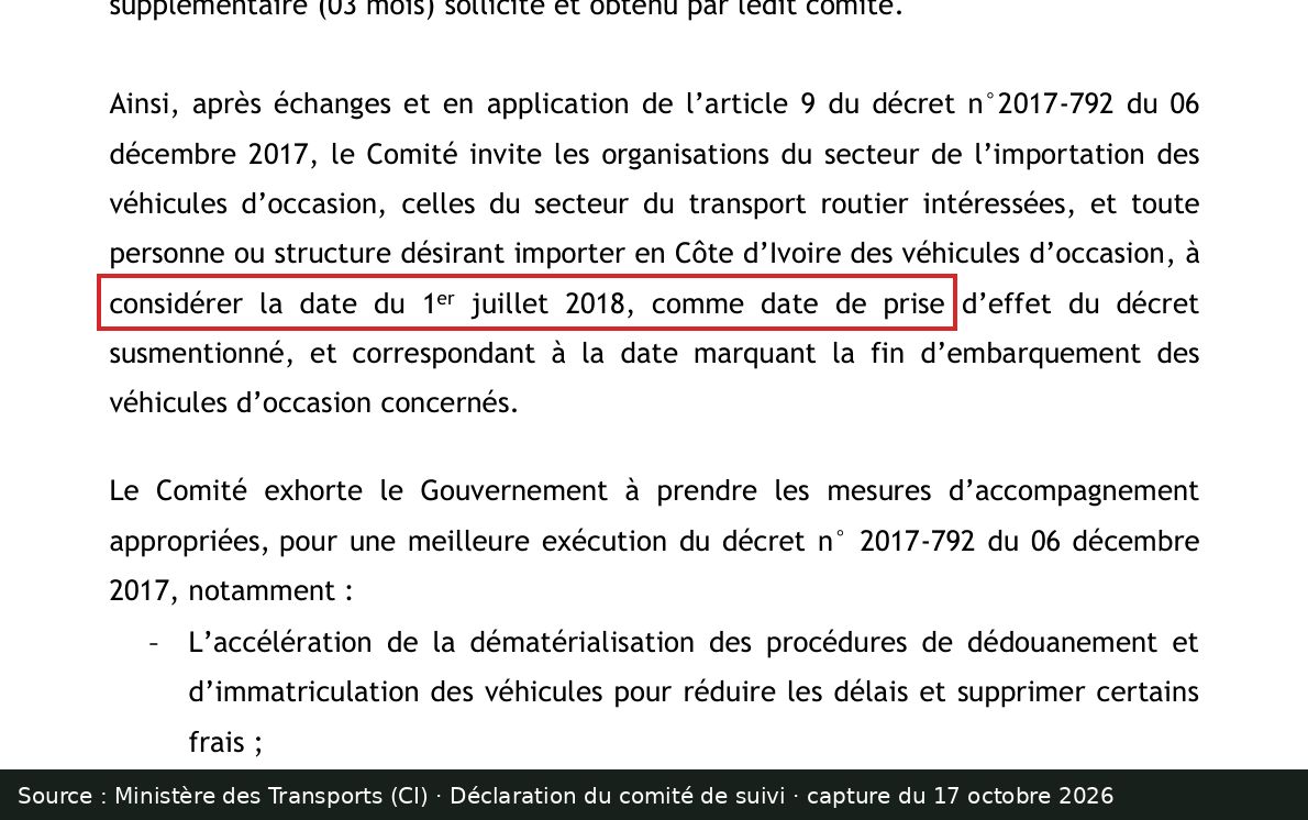 Capture d’écran de la déclaration du comité de suivi du décret n° 2017-792 : passage encadré « considérer la date du 1er juillet 2018, comme date de prise d’effet »