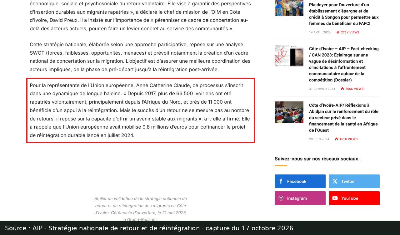 Capture d’écran de l’article de l’AIP sur la stratégie nationale de retour : passage encadré « Depuis 2017, plus de 66 500 Ivoiriens ont été rapatriés volontairement »
