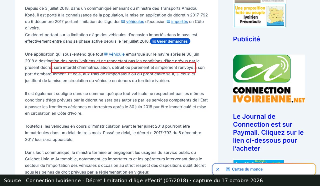 Capture d’écran de l’article de Connection Ivoirienne : passage encadré « sera interdit d’immatriculation, détruit ou purement et simplement renvoyé »