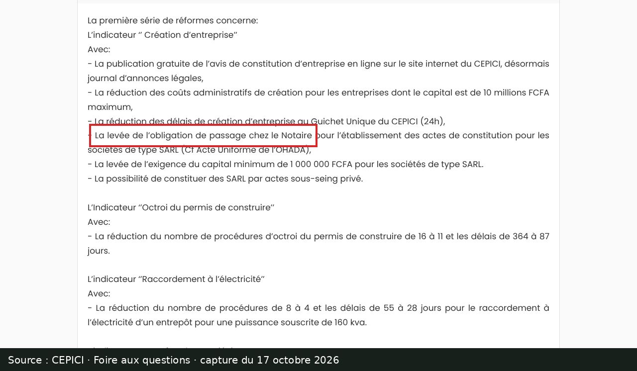 Capture d’écran de la foire aux questions du CEPICI : passage encadré « La levée de l’obligation de passage chez le Notaire »
