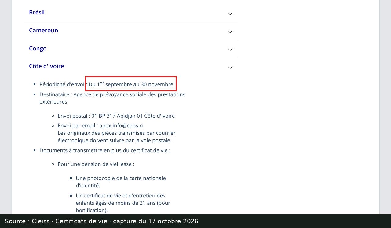 Capture d’écran de la page Certificats de vie du Cleiss : passage encadré « Du 1er septembre au 30 novembre » sous Côte d’Ivoire