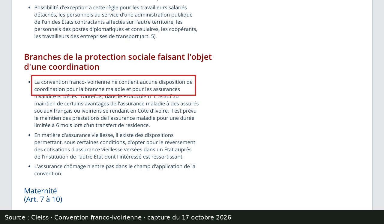 Capture d’écran de la fiche du Cleiss sur la convention franco-ivoirienne : passage encadré « ne contient aucune disposition de coordination pour la branche maladie »