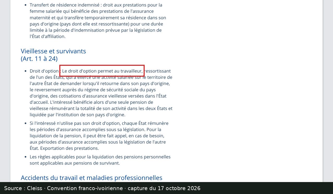 Capture d’écran de la fiche du Cleiss sur la convention franco-ivoirienne : passage encadré « Le droit d'option permet au travailleur »