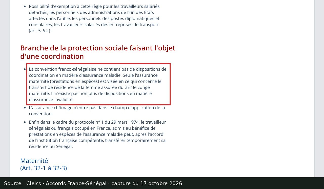 Capture d’écran de la page du Cleiss sur les accords France-Sénégal : passage encadré « La convention franco-sénégalaise ne contient pas de dispositions de coordination en matière d'assurance maladie. »