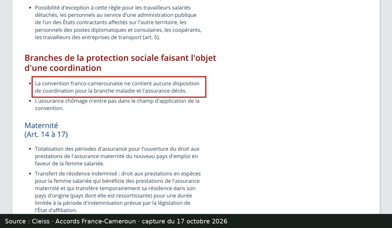 Capture d’écran de la page du Cleiss sur les accords France-Cameroun : passage encadré « La convention franco-camerounaise ne contient aucune disposition de coordination pour la branche maladie et l'assurance décès. »