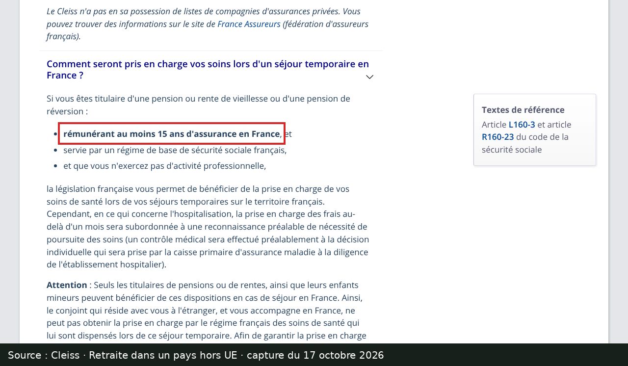 Capture d’écran de la page du Cleiss « Retraite dans un pays hors accord » : passage encadré « rémunérant au moins 15 ans d'assurance en France »
