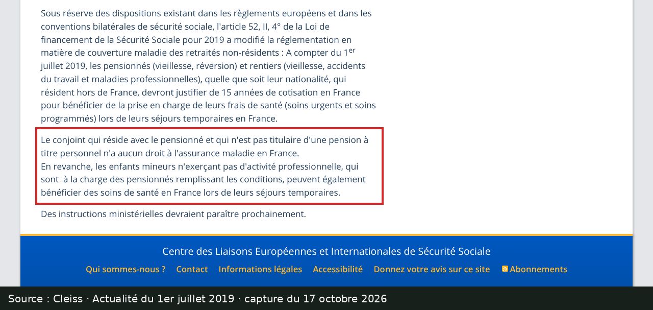 Capture d’écran de l’actualité du Cleiss du 1er juillet 2019 : passage encadré « Le conjoint qui réside avec le pensionné et qui n'est pas titulaire d'une pension à titre personnel n'a aucun droit à l'assurance maladie en France. »