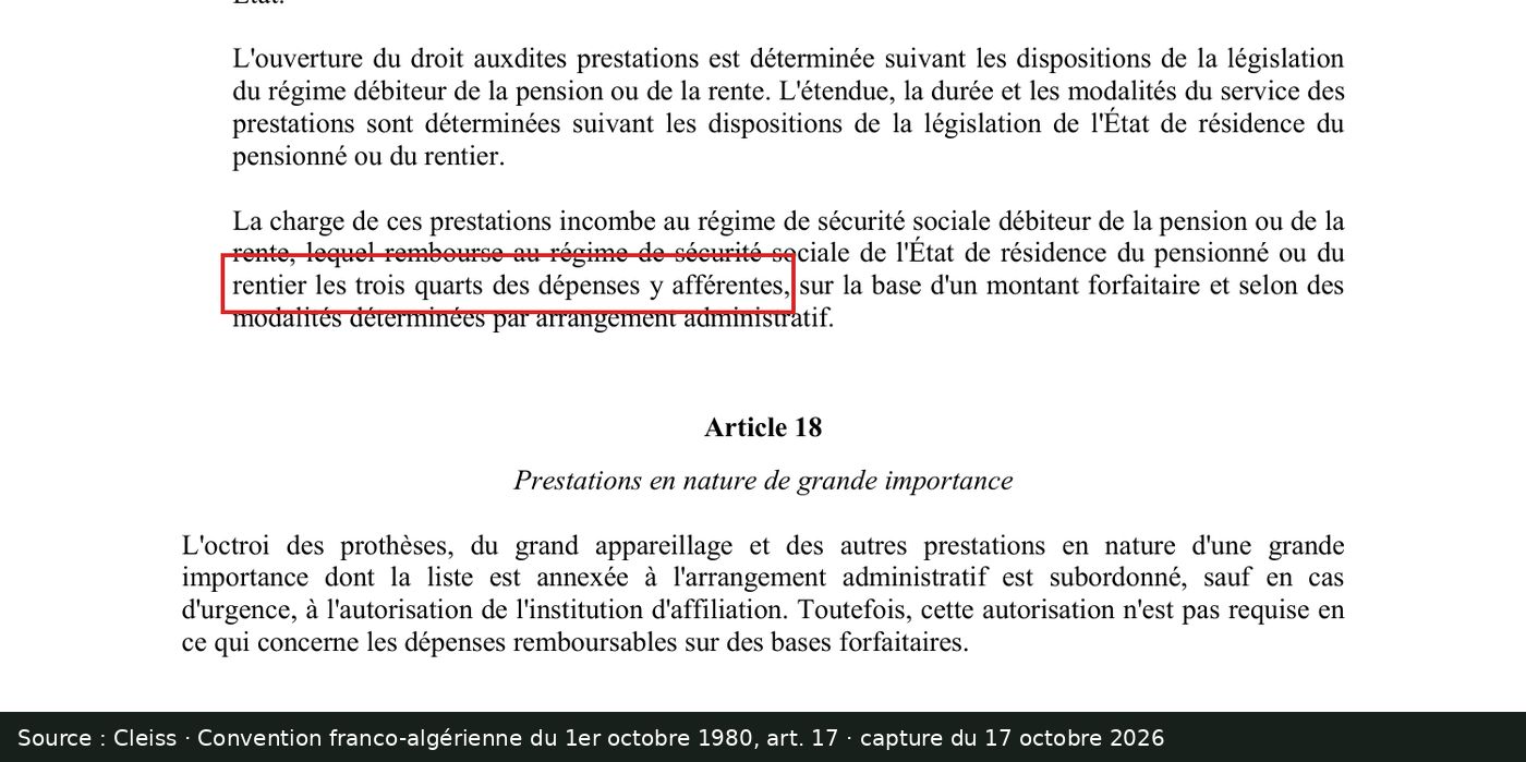 Capture d’écran de la convention franco-algérienne du 1er octobre 1980 (PDF du Cleiss) : passage encadré « rentier les trois quarts des dépenses y afférentes »