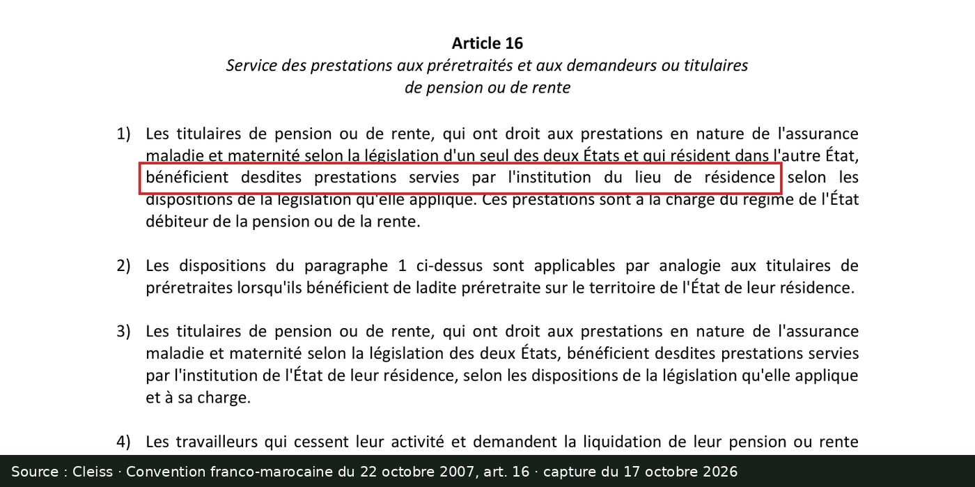Capture d’écran de la convention franco-marocaine du 22 octobre 2007 (PDF du Cleiss) : passage encadré « bénéficient desdites prestations servies par l'institution du lieu de résidence »