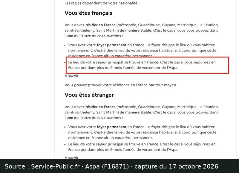 Capture d’écran de la fiche Aspa de Service-Public.fr : passage encadré « pendant plus de 9 mois l'année de versement de l'Aspa »