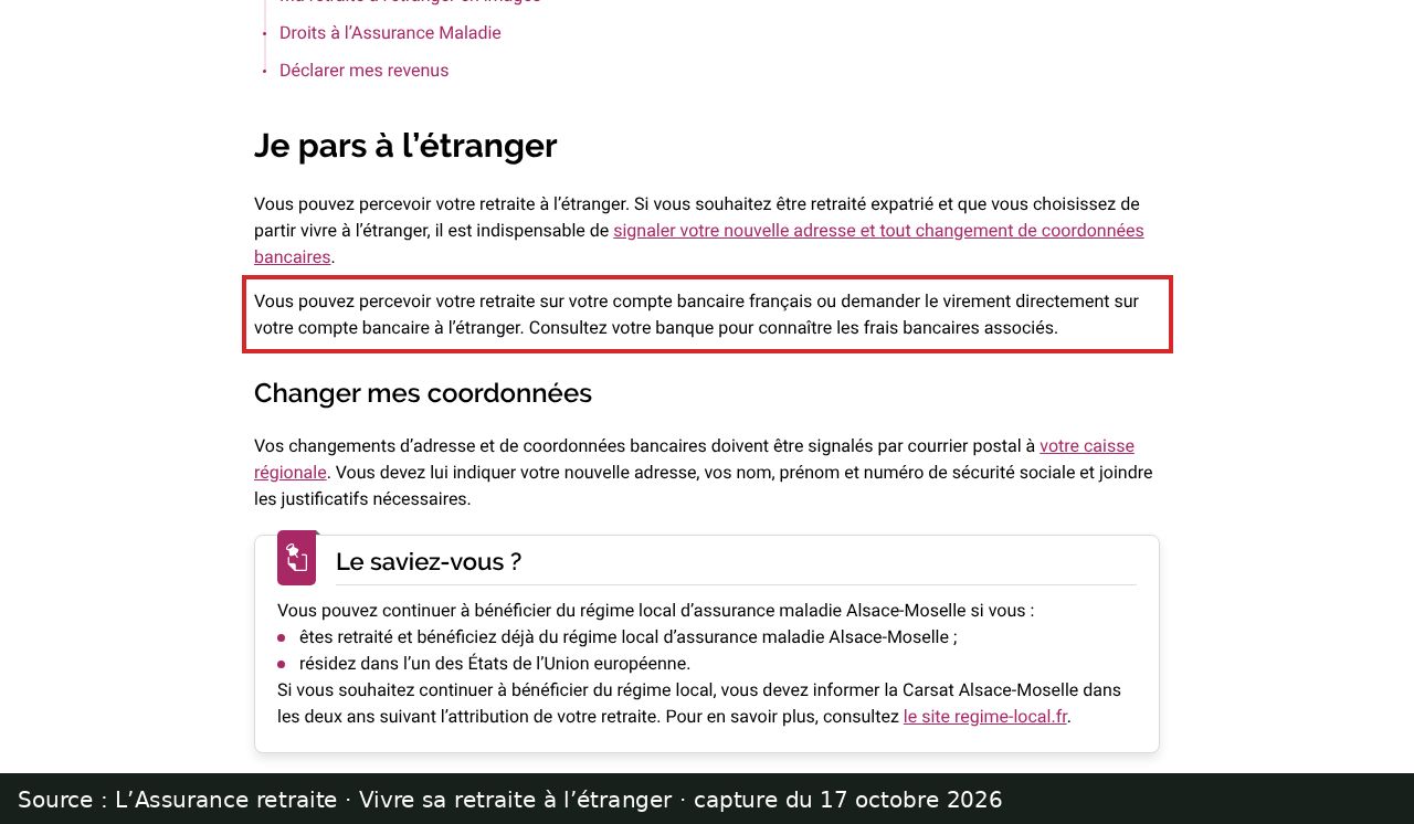 Capture d’écran de la page Vivre sa retraite à l’étranger de l’Assurance retraite : passage encadré « demander le virement directement sur votre compte bancaire à l’étranger »