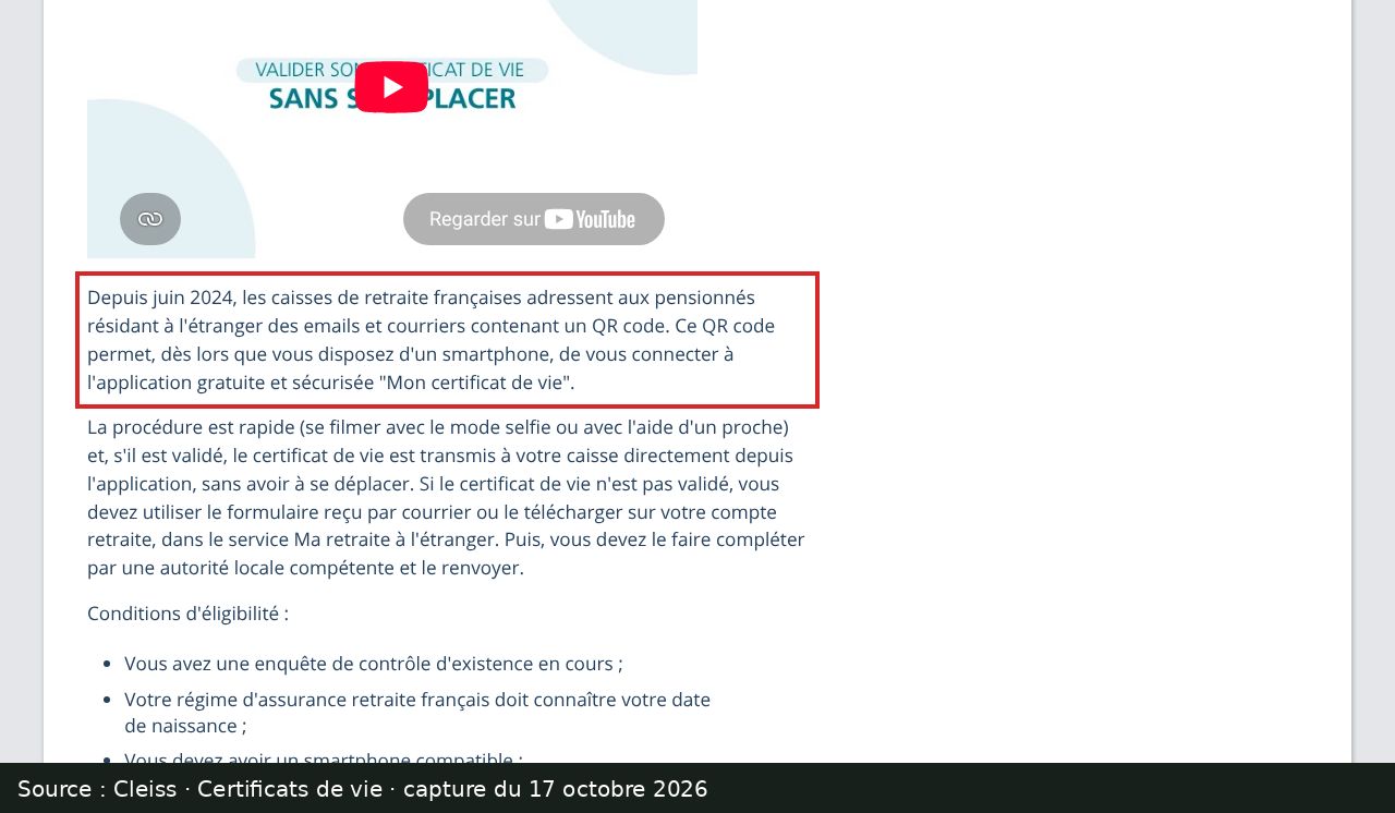 Capture d’écran de la page Certificats de vie du Cleiss : passage encadré « Depuis juin 2024, les caisses de retraite françaises adressent… »