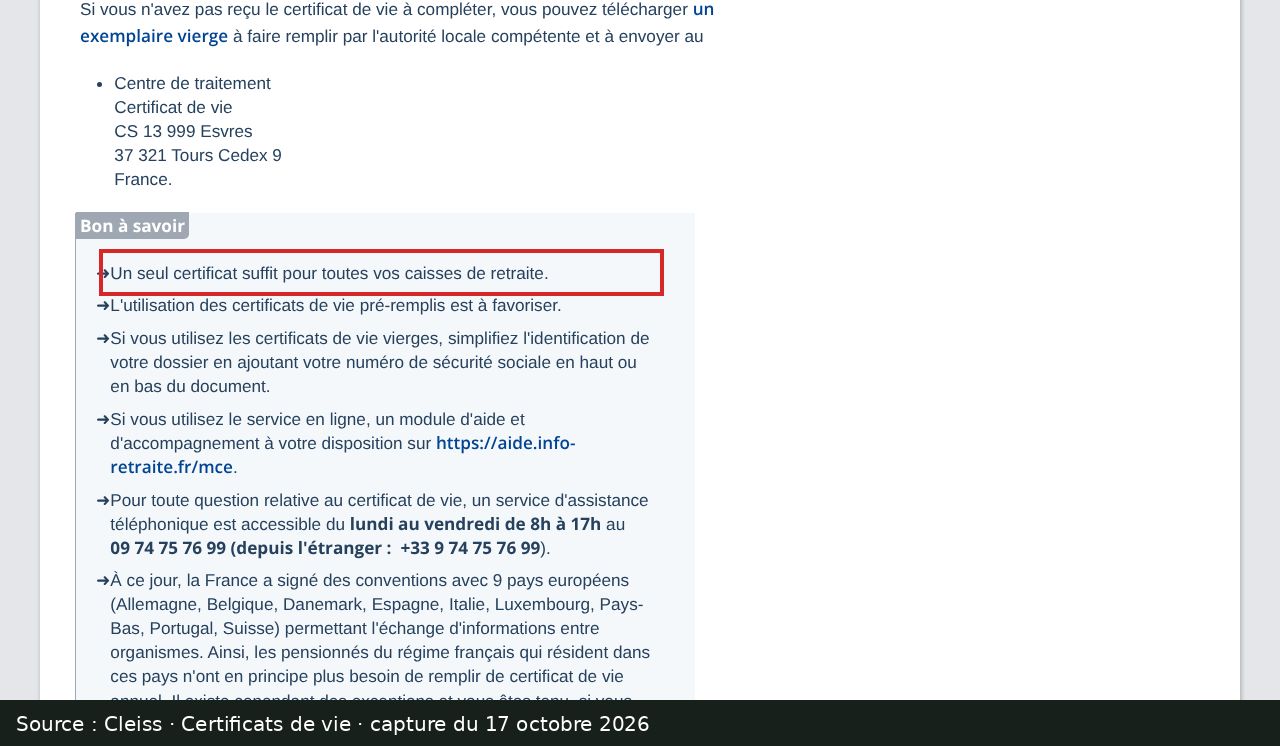 Capture d’écran de la page Certificats de vie du Cleiss : passage encadré « Un seul certificat suffit pour toutes vos caisses de retraite. »
