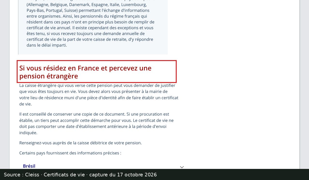 Capture d’écran de la page Certificats de vie du Cleiss : passage encadré « Si vous résidez en France et percevez une pension étrangère »