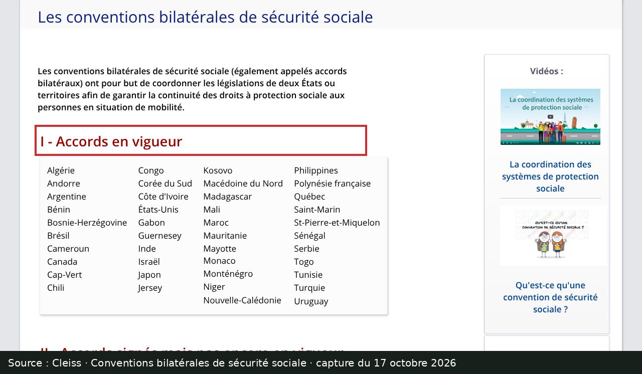 Capture d’écran de la page du Cleiss sur les conventions bilatérales : passage encadré « I - Accords en vigueur »