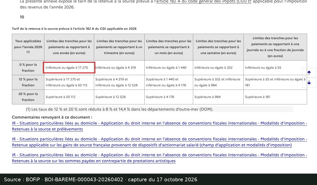 Capture d’écran de la page BOFiP BOI-BAREME-000043 : passage encadré « Inférieure ou égale à 17 275 »