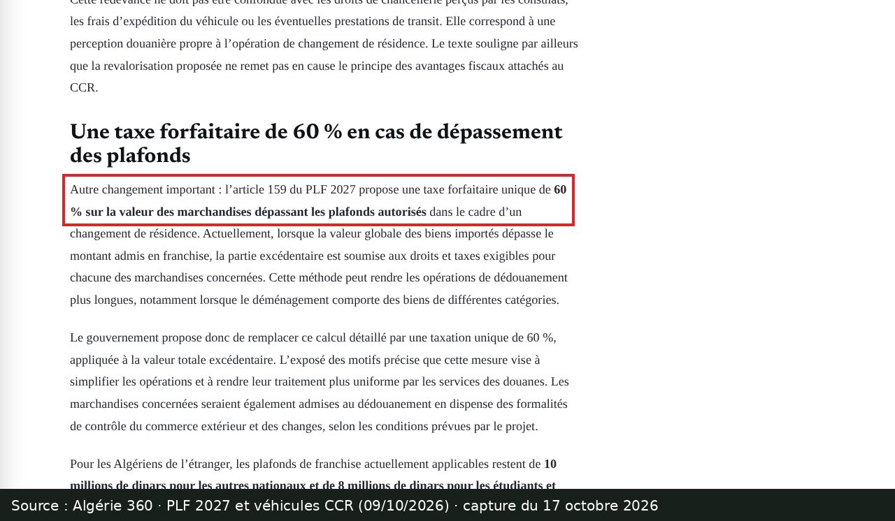 Capture d’écran de l’article d’Algérie 360 du 09/10/2026 : passage encadré « 60 % sur la valeur des marchandises dépassant les plafonds autorisés »