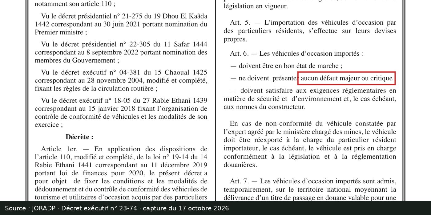 Capture d’écran de l’article 6 du décret exécutif n° 23-74 au Journal officiel n° 11 : passage encadré « aucun défaut majeur ou critique »
