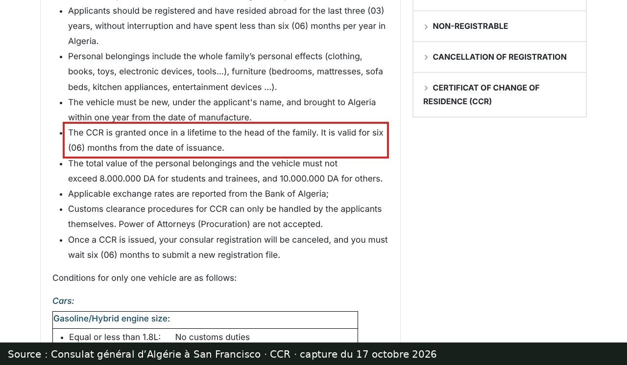 Capture d’écran de la page CCR du consulat général d’Algérie à San Francisco : passage encadré « The CCR is granted once in a lifetime »